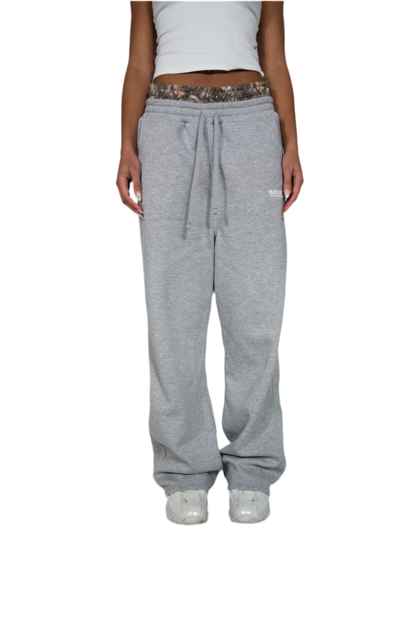 Light grey sweatpants made from soft fabric, ideal for casual wear and comfort.