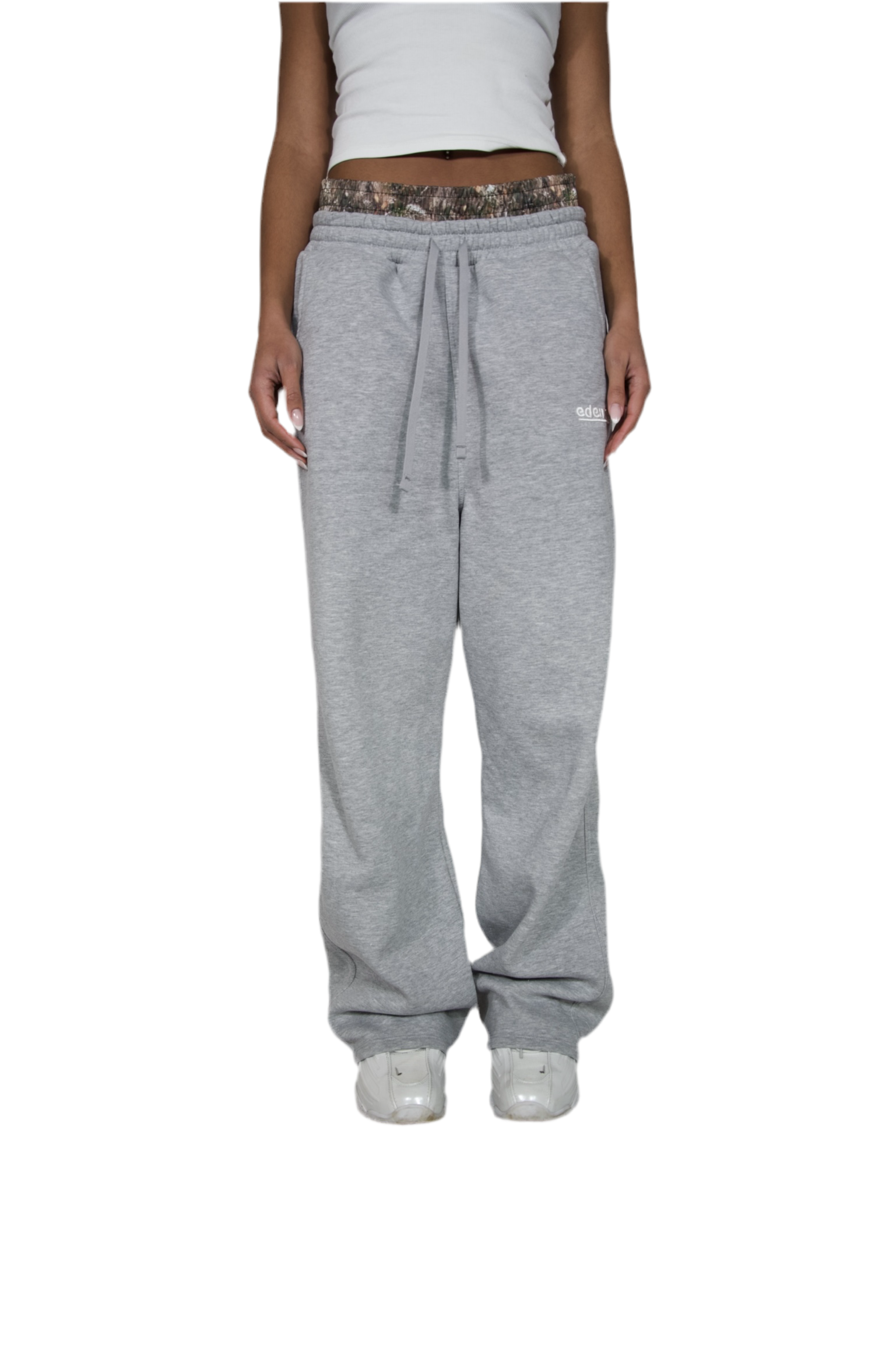 Light grey sweatpants made from soft fabric, ideal for casual wear and comfort.