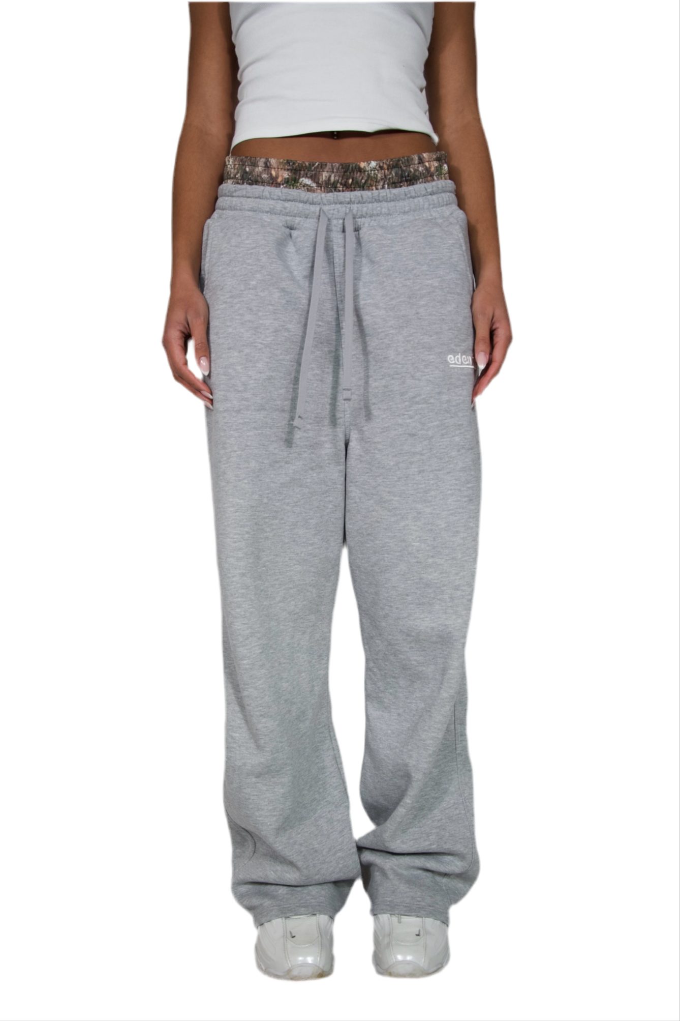 Light grey sweatpants made from soft fabric, ideal for casual wear and comfort.