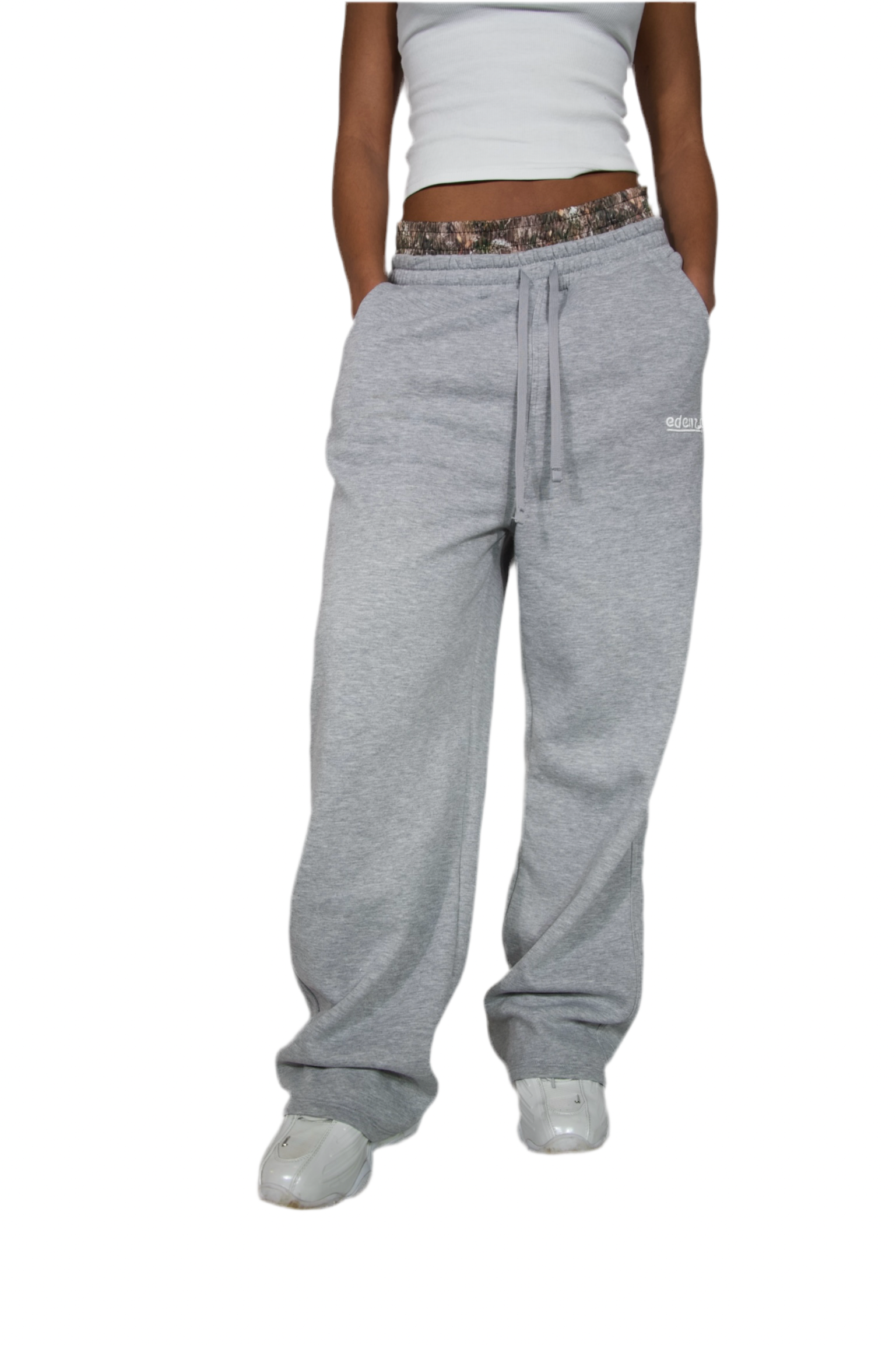 Light grey sweatpants made from soft fabric, ideal for casual wear and comfort.